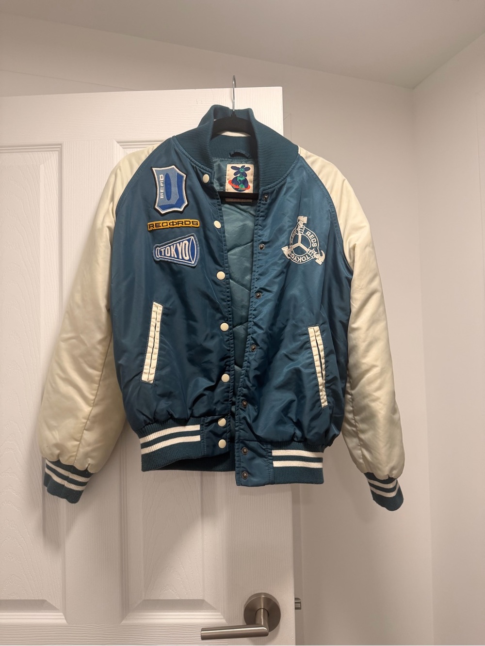 Teal and Cream Varsity Bomber Jacket with Embroidered Patches